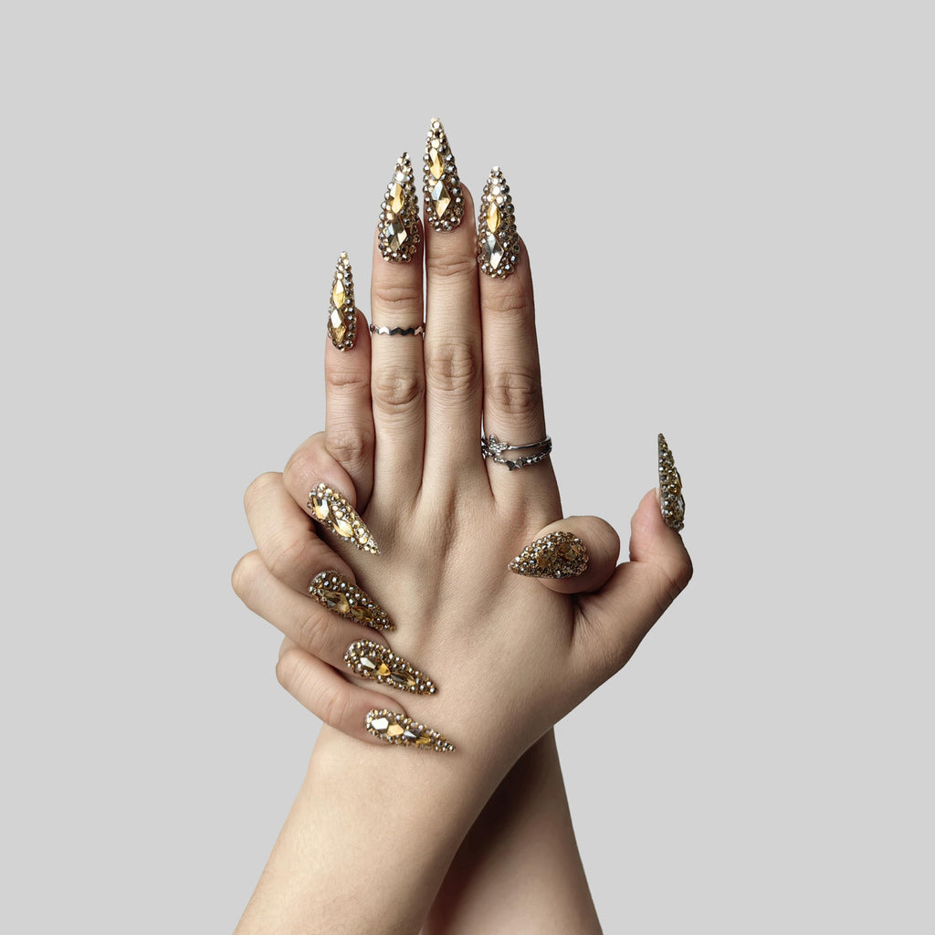 Full Rhinestone Medium Almond Press On Reusable Acrylic Handmade Nails ,