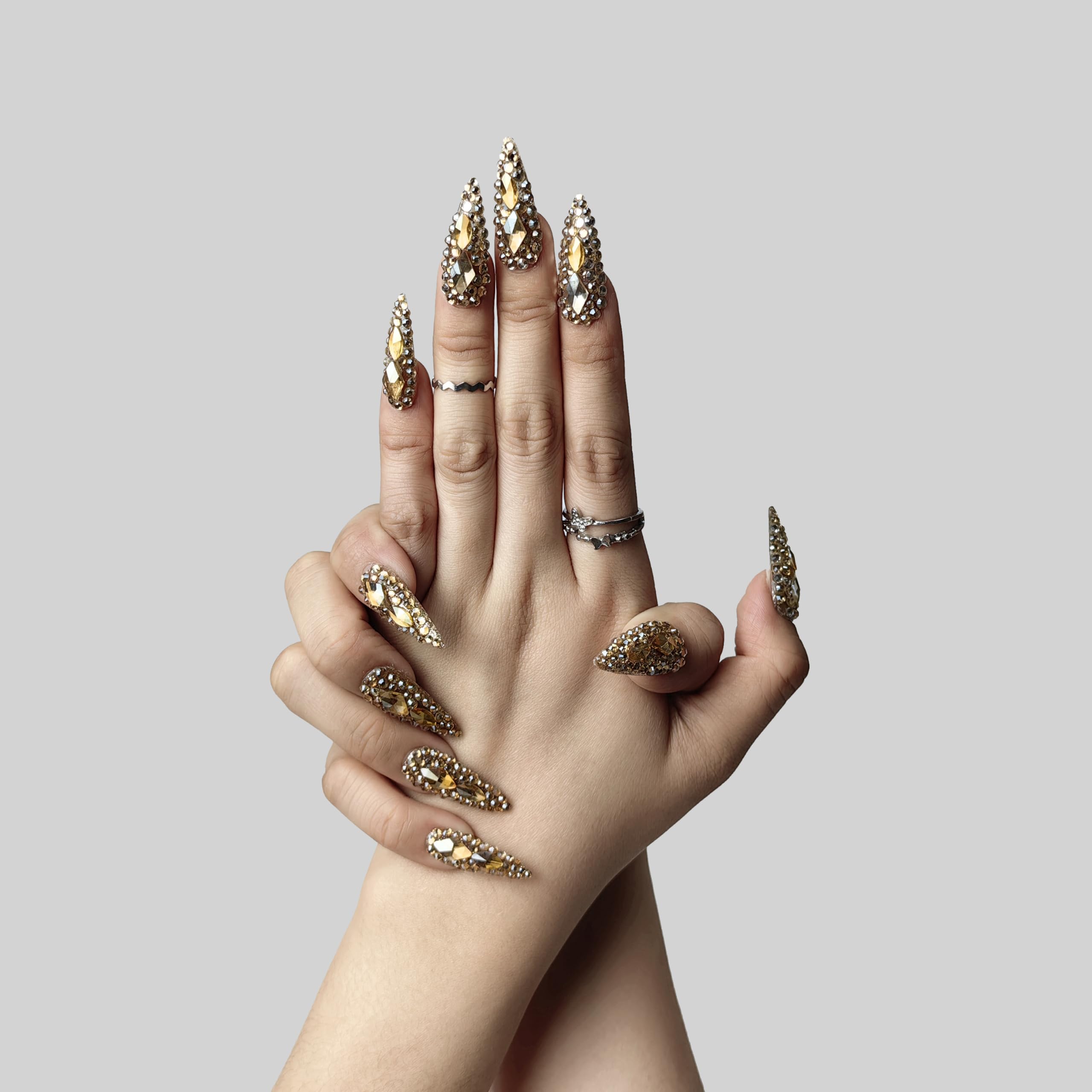 Full Rhinestone Medium Almond Press On Reusable Acrylic Handmade Nails ,