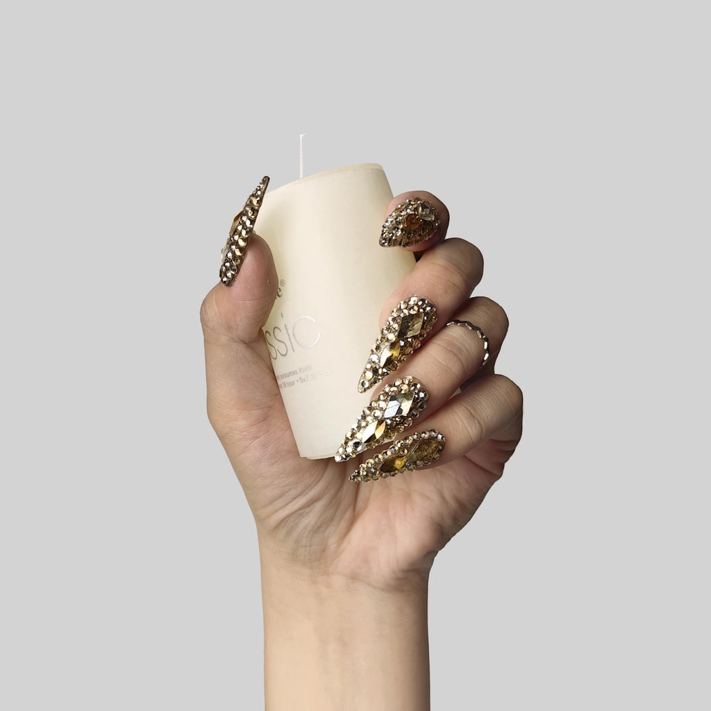 Full Rhinestone Medium Almond Press On Reusable Acrylic Handmade Nails ,