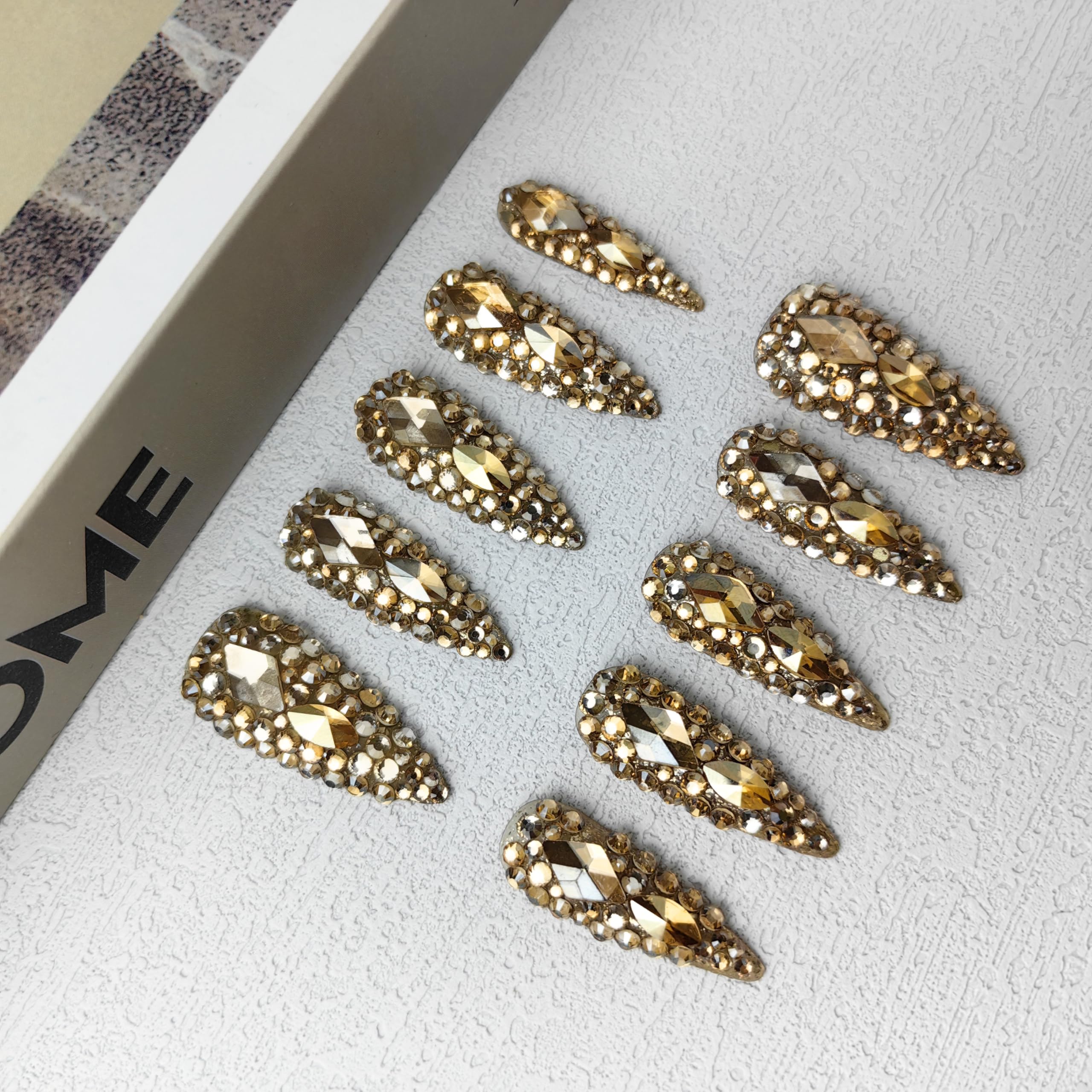 Full Rhinestone Medium Almond Press On Reusable Acrylic Handmade Nails ,